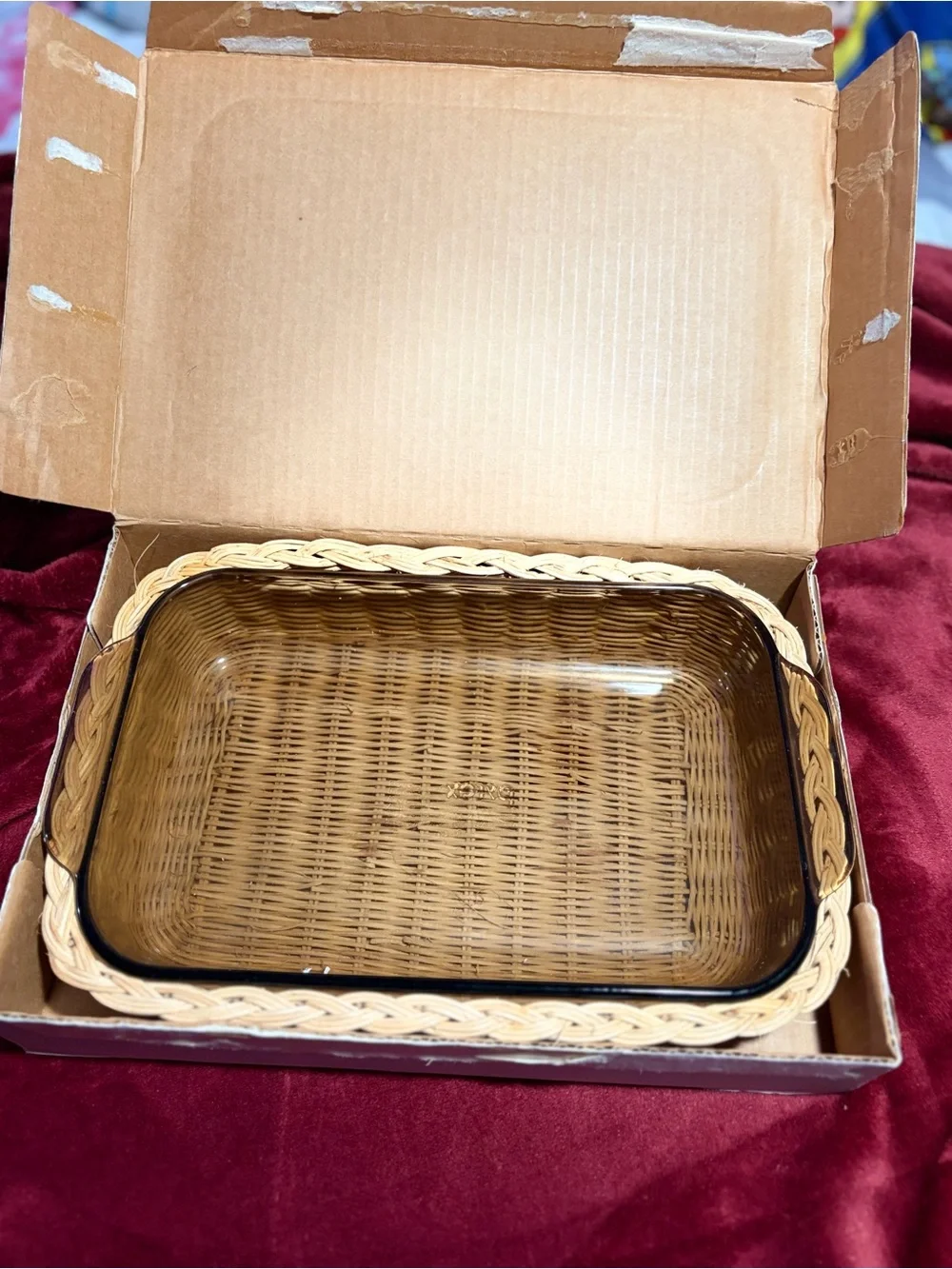 NIB NOS Vintage Pyrex Oblong Baking Dish in Battan Basket